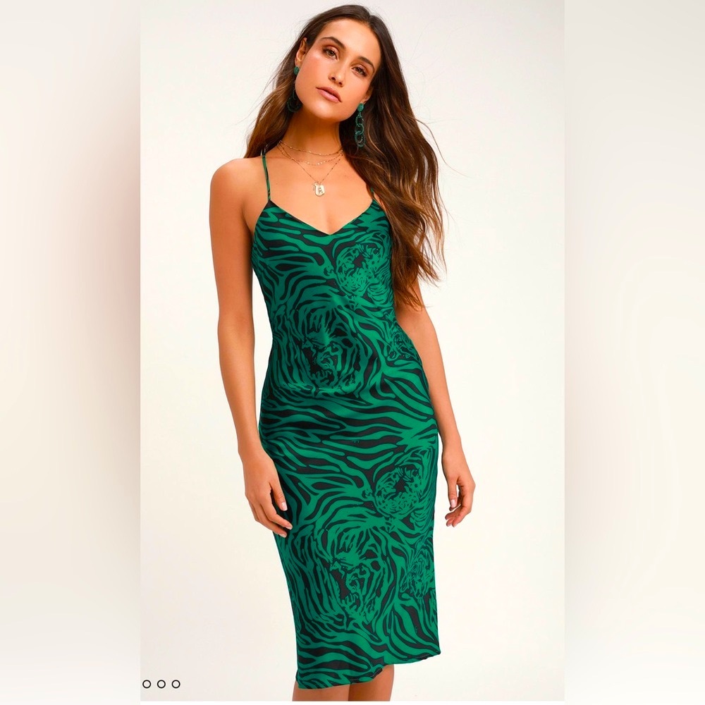 Lulu’s Safari Green Tiger Print Satin Cowl Neck Adjustable Strap Midi Dress